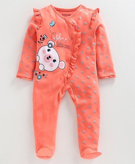 Babyoye Full Sleeves Cotton Footed Sleepsuit - Coral