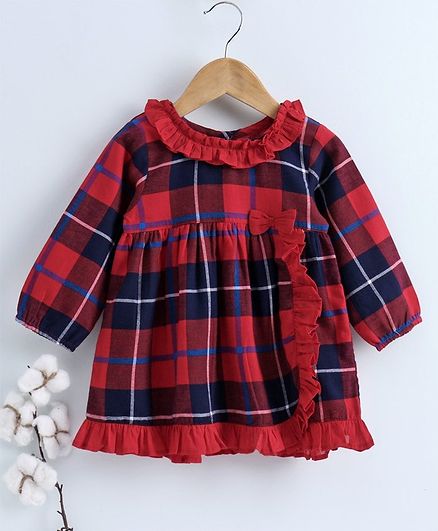 Babyoye Peasent Sleeves Checked Frock Bow Applique - Red