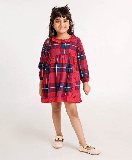 Babyoye Peasent Sleeves Checked Frock Bow Applique - Red