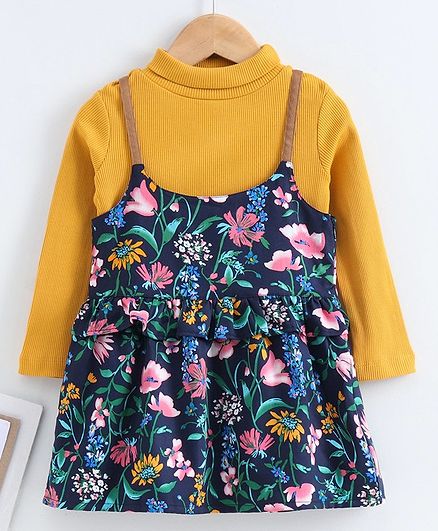 Babyoye Cotton Frock With Full Sleeves Tee Floral Print - Yellow Blue