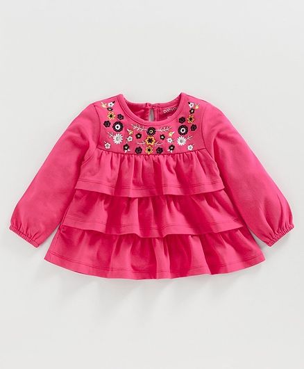 Babyoye Peasant Sleeves Layered Top Floral Embroidery - Pink