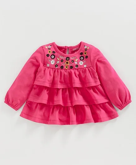 Babyoye Peasant Sleeves Layered Top Floral Embroidery - Pink