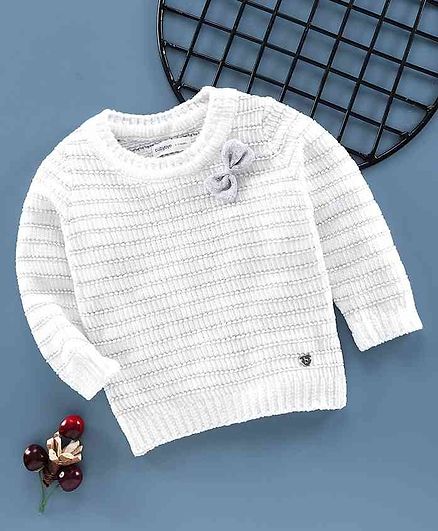 Babyoye Full Sleeves Light Winter Wear Sweater Bow Applique - White
