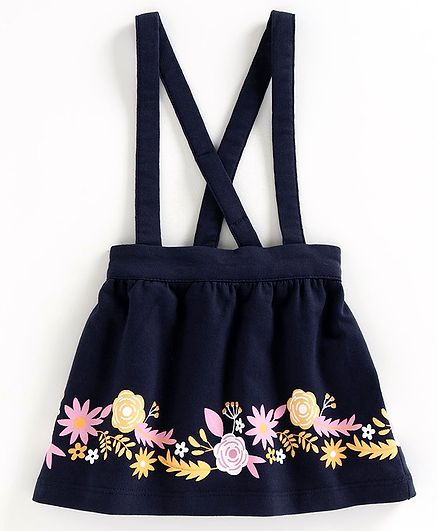 Babyoye Floral Printed Skirt with Attached Suspenders - Navy Blue