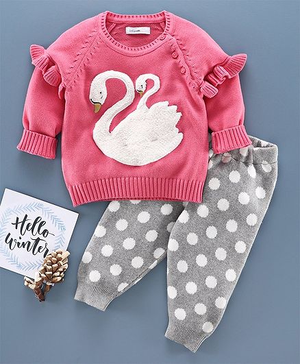 Babyoye Full Sleeves Sweater Set Swan Design - Pink