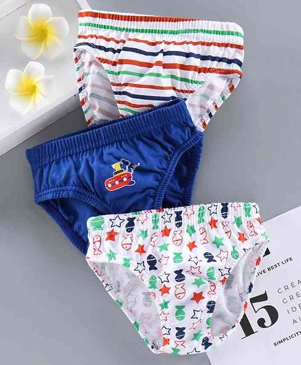Babyhug 100% Cotton Briefs Multiprint Pack of 3 - White Blue