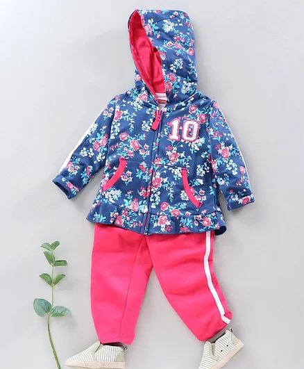 Babyhug Full Sleeves Jacket with Lounge Pant Floral Print - Blue Pink