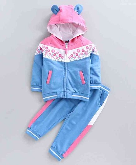Babyhug Full Sleeves Hooded Sweat Jacket & Track Pant Floral Print - Pink Blue