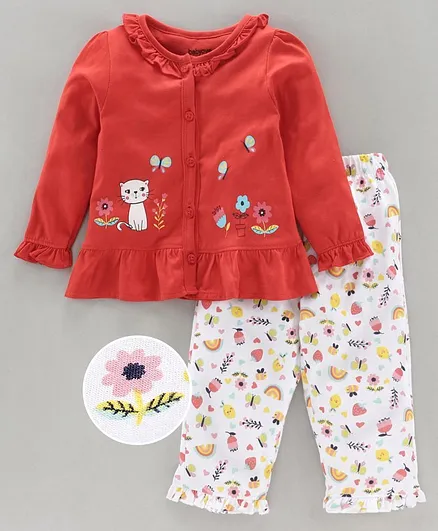 Babyoye Full Sleeves Night Suit Floral Print - Red