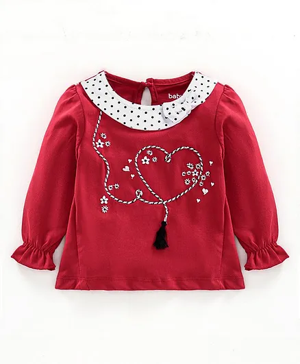 Babyoye Full Sleeves Cotton Tee Floral & Heart Embroidered - Red
