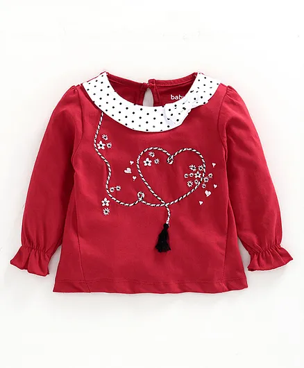 Babyoye Full Sleeves Cotton Tee Floral & Heart Embroidered - Red