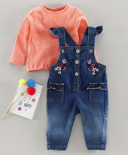 Babyoye Denim Dungaree with Full Sleeves Inner Tee - Orange Blue