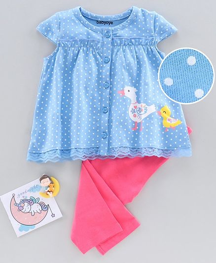 Babyoye Cap Sleeves Night Suit Duck & Dot Print - Blue Pink