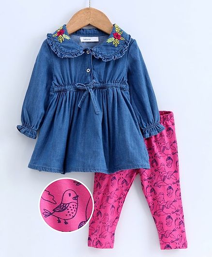 Babyoye Full Sleeves Frock with Legging - Pink Blue