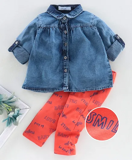 Babyoye Full Sleeves Denim Shirt & Leggings Text Print - Blue Orange