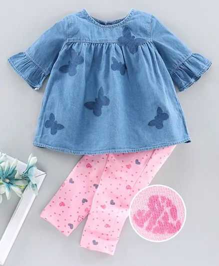 Babyoye Three Fourth Sleeves Top & Leggings Butterfly Print - Blue Pink