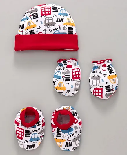 Babyhug100% Cotton Cap Mitten & Booties Set Red - Diameter 10.5 cm