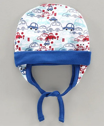 Babyhug 100% Cotton Cap With Tie Knot Car Print White Blue - Diameter 10 cm