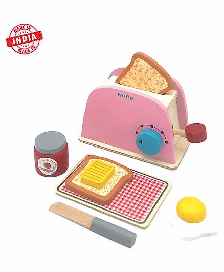 Wufiy Wooden Manual Pop-Up Toaster Playset Pink Multicolour - 8 Pieces