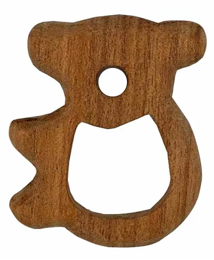 Wufiy Wooden Bear Shape Neem Teether Glazed With Virgin Coconut Oil & Cotton Bag - Brown