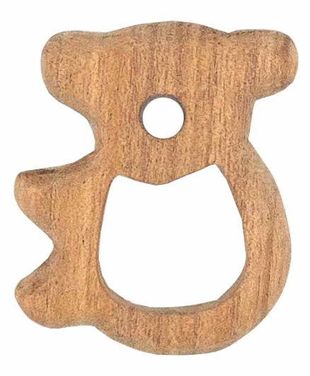 Wufiy Wooden Bear Shape Neem Teether Glazed With Virgin Coconut Oil & Cotton Bag - Light Brown