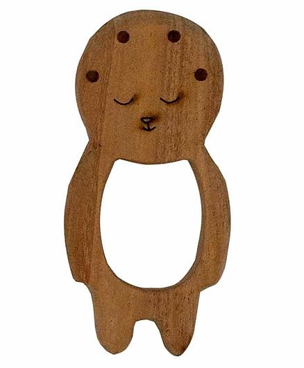 Wufiy Wooden Baby Shape Neem Teether Glazed With Virgin Coconut Oil & Cotton Bag - Brown