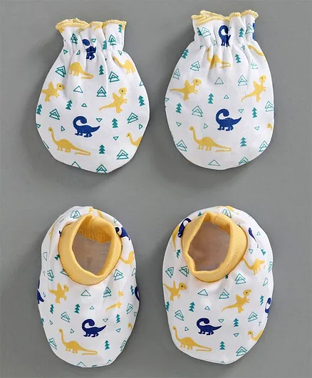 Babyhug 100% Cotton Mittens & Booties Dino Print - White Yellow