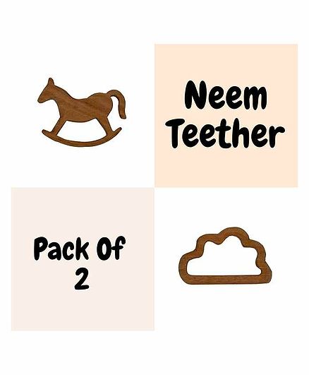Wufiy Wooden Cloud & Horse Shape Neem Teether Glazed With Virgin Coconut Oil & Cotton Bag - Brown