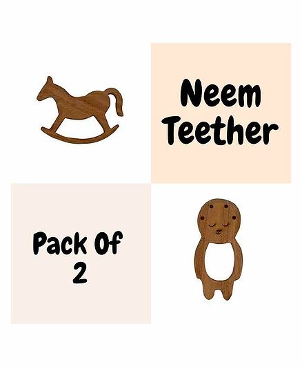 Wufiy Horse & Baby Shape Neem Teether Glazed With Virgin Coconut Oil Pack of 2 - brown
