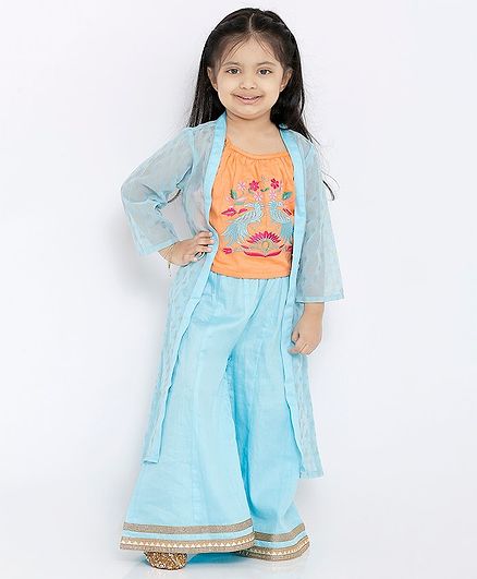 Babyoye Indo Western Top and Palazzo Set with 3/4th Sleeves Jacket Floral Embroidery - Blue