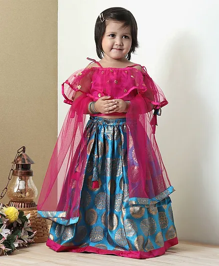 Babyoye Cold Shoulder Sequin Choli Silk Lehenga & Dupatta Set - Pink