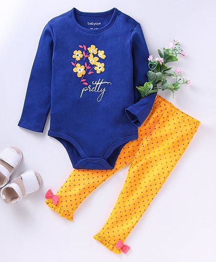 Babyoye Full Sleeves Onesie with Leggings and Bib Floral Print - Navy Blue