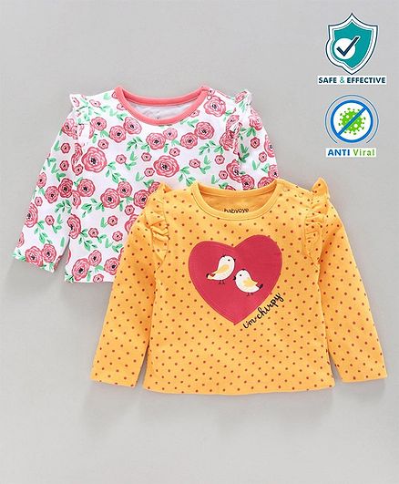 Babyoye Anti Bacterial Full Sleeves T-Shirt Floral Print Pack Of 2 - Pink Yellow