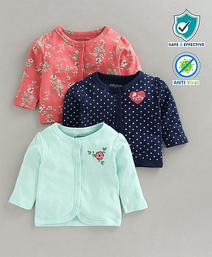 Babyoye Anti Bacterial Full Sleeves Floral & Polka Dotted Jhablas Set of 3 - Pink Blue