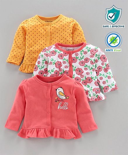 Babyoye Full Sleeves Polka Dotted & Floral Printed Jhablas Pack of 3 - Yellow Pink
