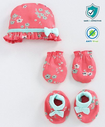 Babyoye Anti Bacterial Cap Mittens & Booties Set Floral Print Pink - Diameter 10.5 cm