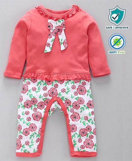 Babyoye Anti Bacterial Full Sleeves Romper Floral Print - Pink