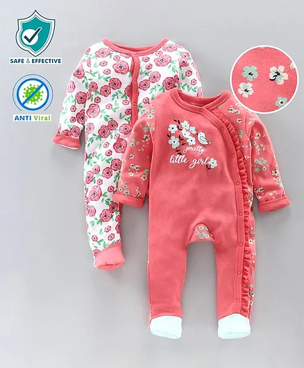 Babyoye Anti Bacterial Full Sleeves Footed Sleepsuit Floral Print Pack of 2 - Pink