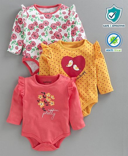Babyoye Full Sleeves Onesies Floral Print Pack of 3 - White Yellow Pink
