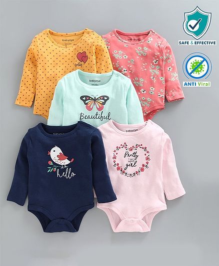 Babyoye Full Sleeves Multi Printed Onesies Pack of 5 - Multicolour