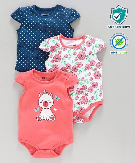 Babyoye Cap Sleeves Printed Onesie Pack of 3 - Blue Peach