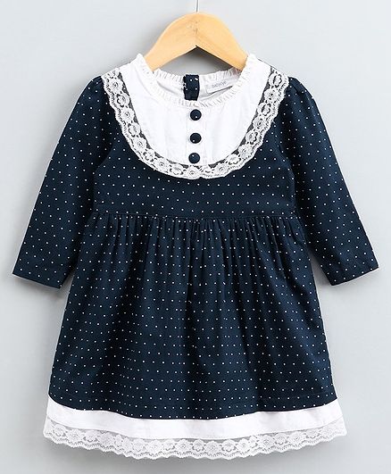 Babyoye Full Sleeves Polka Dot Frock Lace Detail - Navy Blue