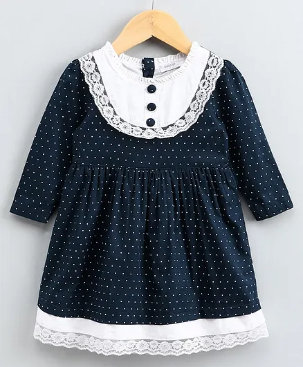 Babyoye Full Sleeves Polka Dot Frock Lace Detail - Navy Blue