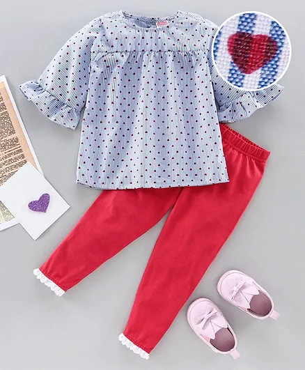 Babyhug Full Sleeves Top with Leggings Heart Print - Pink Blue