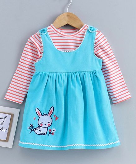 Babyoye Cotton Frock With Full Sleeves Tee Bunny Print - Blue