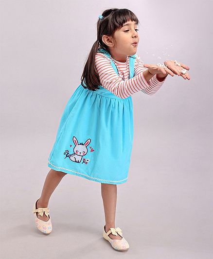 Babyoye Cotton Frock With Full Sleeves Tee Bunny Print - Blue