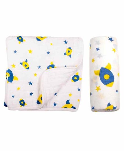 Chotto 100% Cotton Muslin Baby Blanket & Swaddle Wrapper Rocket Print - White Blue