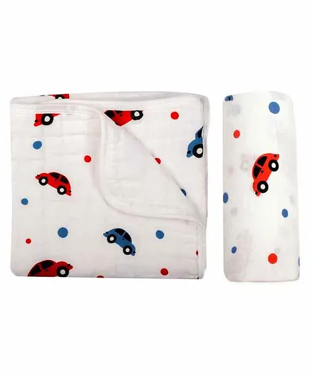 Chotto 100% Cotton Muslin Baby Blanket & Swaddle Wrapper Car Print - White Red