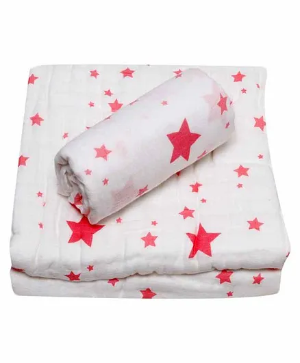 Chotto 100% Cotton Muslin Baby Blanket & Swaddle Wrapper Star Print - White Red