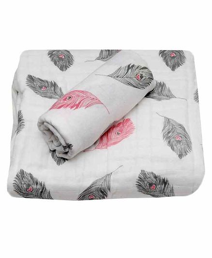 Chotto 100% Cotton Muslin Baby Blanket & Swaddle Wrapper Leaves Print - White Grey